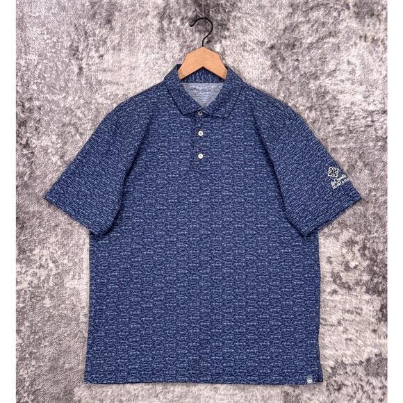 Peter Millar Seaside Polo Shirt Medium Mens Blue Stingray Corvette Print Golf - Picture 1 of 8